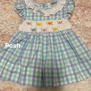 Posh Blue Gingham Dress with Fish Embroidery